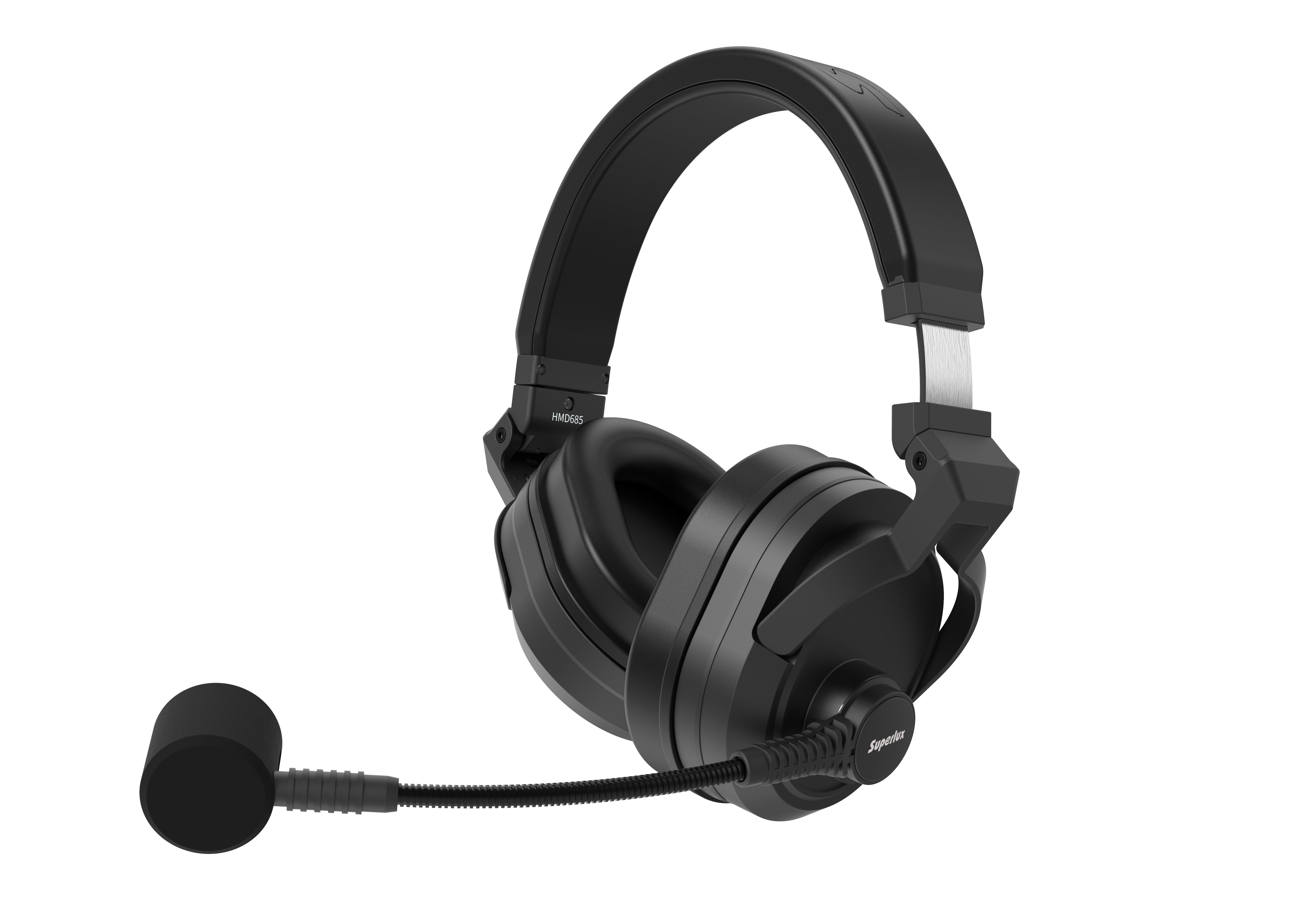 Superlux HMD685 Double-Sided Broadcast Headset XLR4F UK Authorised Distributor HMD685 — Superlux HMD685 black double sided headset enclosed ears and boom microphone on a white background